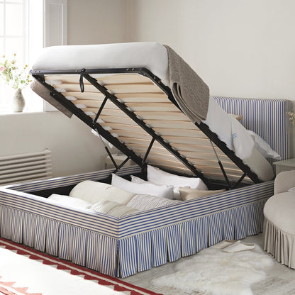 Lit ottoman de rangement à plis creux Egerton, lin rayé bleu