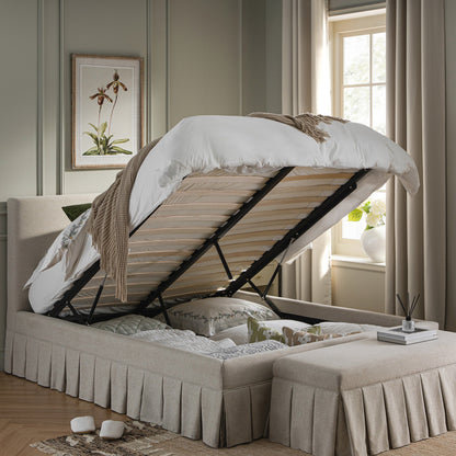 Lit ottoman de rangement à plis creux Egerton, tissu brossé avoine